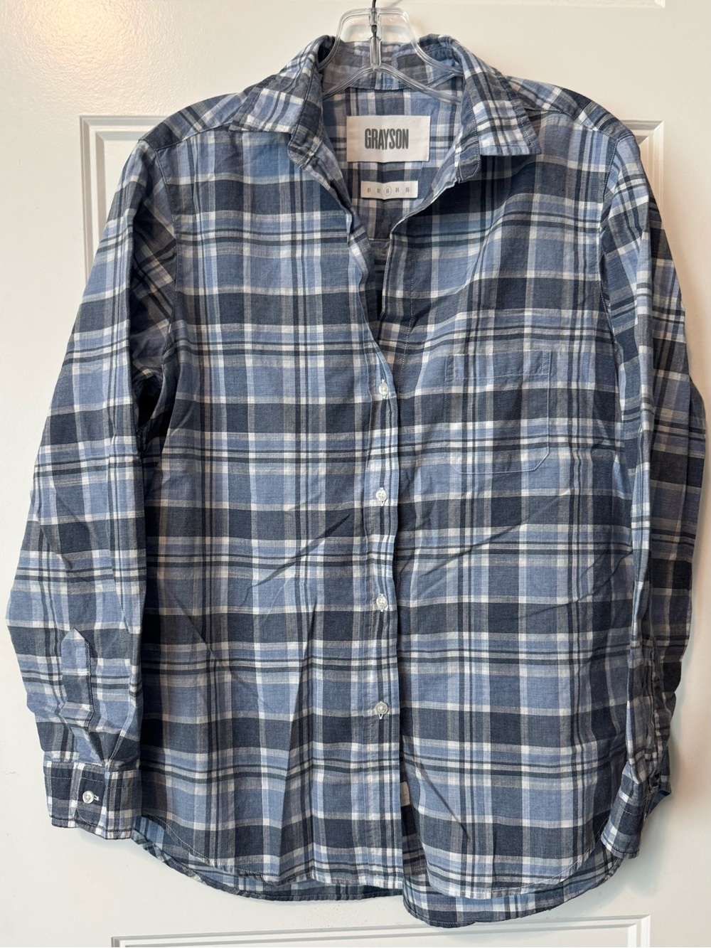 Grayson The Hero Plaid Button Front Shirt Blue White 100% Cotton